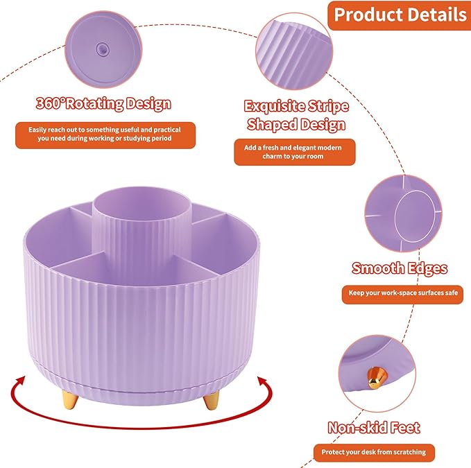 Desk Pen Holder, 5 Slot 360 Rotating Pen Organizer for Desk, Desktop Storage Stationery Supplies Organizer, Cute Pencil Cup Pot for Office, School, Home, Art Supply, Purple