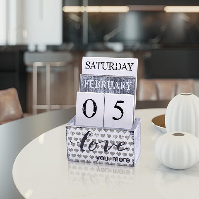 Notakia Perpetual Calendar Wooden Calendar Blocks Vintage Wood Block Calendar for Home Office Desk Accessories Week Month Date Display (Love you more)