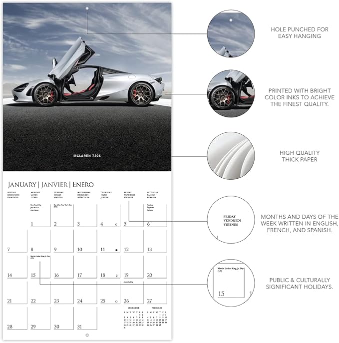 Graphique 2024 Car Legends Wall Calendar | 12” x 12” | Thick Paper | Home & Office Organizer | Large Monthly Grid | 3 Languages & Marked Holidays | 4 Month Preview Page for 2025