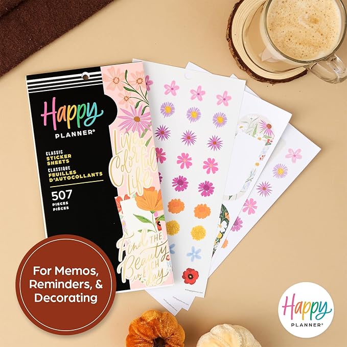 Happy Planner Sticker Pack for Calendars, Journals, and Planners, Easy-Peel Stickers and Scrapbook Accessories, Classic Size, Blooming Bouquet, 30 Sheets, 507 Total Stickers