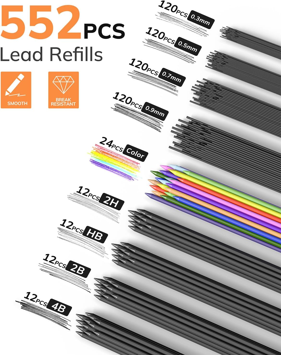 Four Candies 27PCS Art Mechanical Pencil Set with Case, 4PCS Metal Drawing Pencil 0.3, 0.5, 0.7, 0.9 mm & 2PCS 2mm Lead Holder (HB 2H 2B 4B Color) with 552 Graphite Lead Refills for Drawing Sketching