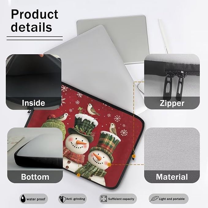 Cute Snowman Laptop Protective Sleeve for Women 12 inch Computer Sleeve Bag Christmas Neoprene Lap Top Case Suitable Gifts for Travel School Office Neatly Organizers Laptop Accessories