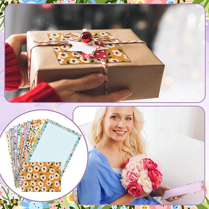 TaoBary 160 Packs Stationery Paper Set (50 Double Sided Stationery Writing Papers 50 Matching Envelopes) 60 Round Dot Sticker, 10 Design(Kawaii,5.5 x 8.25 Inch)