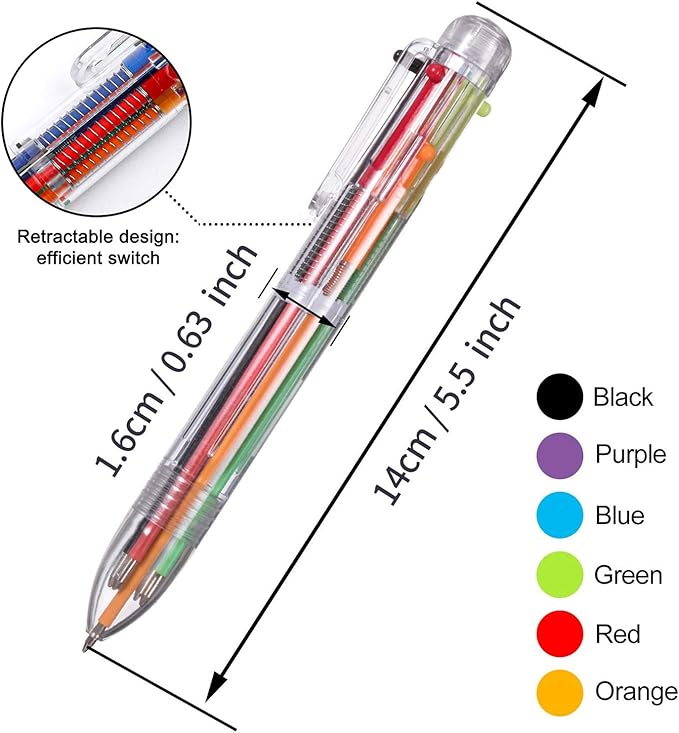 EEOYU 6 Pack Multicolor Pens 0.5mm 6-in-1 Retractable Ballpoint Pens 6 Colors Transparent Barrel Ballpoint Pen for Office School Supplies Students Children Gift