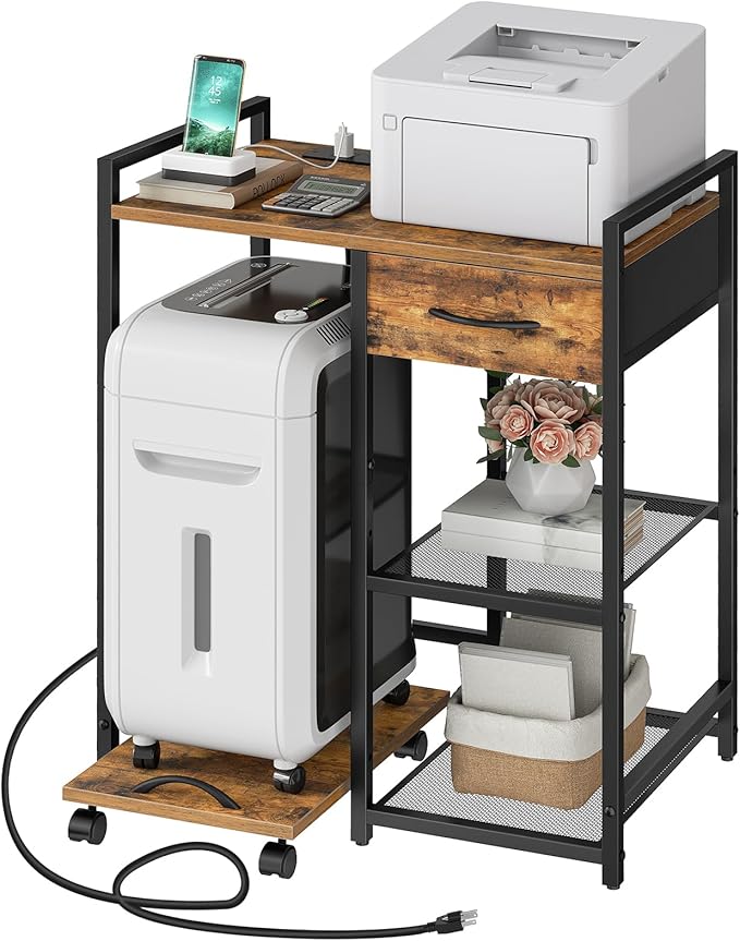 HOOBRO Printer Stand with Charging Station, Printer Shredder Stand with Fabric Drawer, Table for Fax Machine, Printer Storage Office Organizer, for Home Office, Rustic Brown and Black BF72UPS01