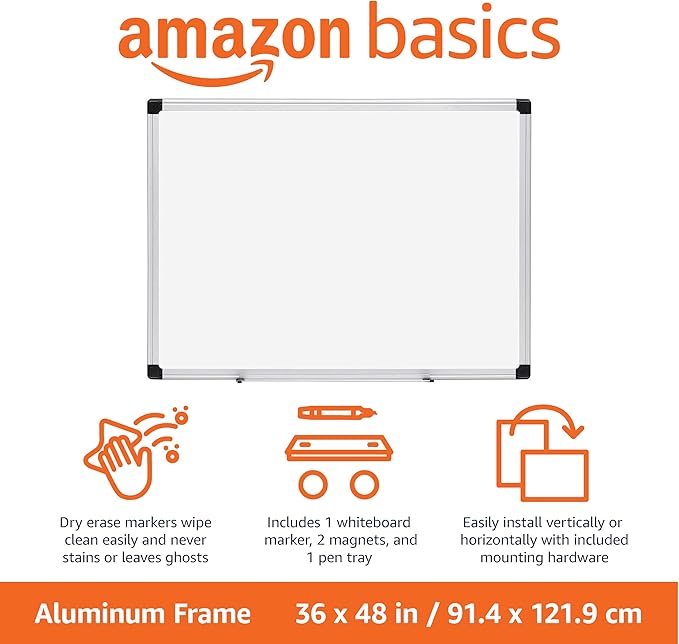Amazon Basics Magnetic Dry Erase Whiteboard, 36 x 48-Inch, Aluminum Frame, Silver/White