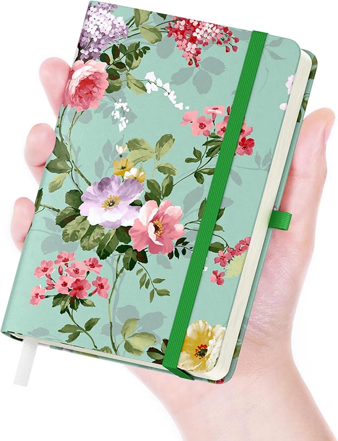 Small Notebook, Mini Pocket Journal A6 5.7" x 3.9", Leather Hardcover Journal with Pen Holder, 160 Thick Papers, Cute Lined Notebook Small Notepad for Women Writing Work Travel, Graceful Peony