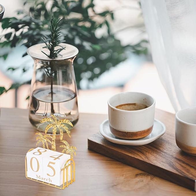 SUPVOX Wooden Block Calendar for Desk Daily Desktop Perpetual Calendar Wood Month Date Display Blocks Farmhouse Desk Accessories for Home Office Decor Reusable Yearly Coconut Tree Design