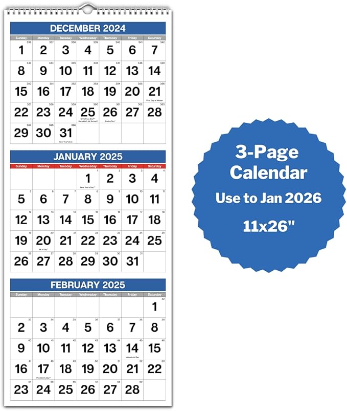 Dunwell Three Month View Calendar 2025 (Blue), 11x26" Open, 3-Month Wall Calendar Vertical, Use to December 2025, Tri Panel Calendar, Ships Folded