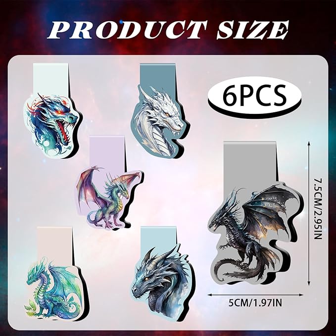 Dragon Magnetic Bookmark Gift - 6Pcs Dragon Rider Bookmarks Magnetic Cool Animal Dragon Rider Book Mark Magnets Fantasy Bookmark Magnets Page Clip for Book Lovers Students Reading Gifts