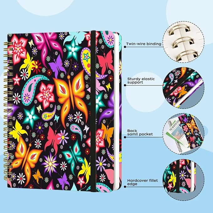 Spiral Notebook - A5 Spiral Notebooks, 8.3'' × 5.8'', 160 Pages, Aesthetic Journaling Notebooks for Women, College Lined Notebook with Elastic Closure, Back Pocket, for School Office, Butterfly