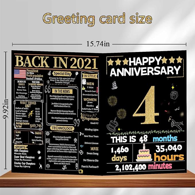 Joycard 4th Anniversary Card for Women Men, Gold Wedding Card for Wife Husband, Sweet Marriage Decorations Gifts for Couple, Perfect for Her Him on Anniversary Day, Back in 2021