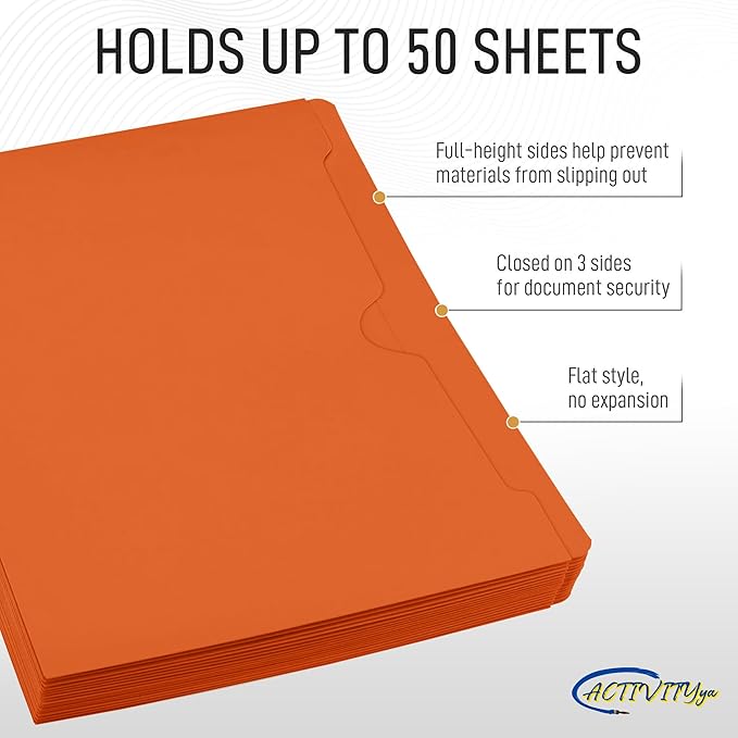 Orange File Jackets, Flat-No Expansion, Letter Size, Reinforced Straight-Cut Tab, 10 Pack