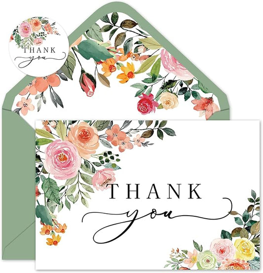 Whaline 50 Pack Floral Thank You Cards Boxed Watercolor Flower with Green Leaves Blank Note Cards with Envelopes Stickers Greeting Cards for Spring Wedding Birthday