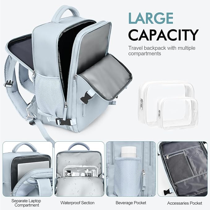 Travel Backpack for Men Women, TSA Friendly Flight Approved Carry-on Luggage Hand Backpack Underseat Personal Item, Business Work Gym Bag, Travel Essentials, Light Blue
