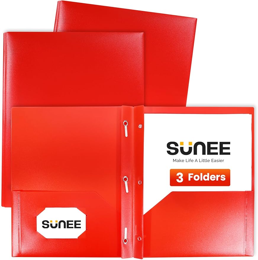 SUNEE 2 Pocket Folders with Prongs (3 Pack, Red) Plastic Folders with Pockets and Prongs Fit Letter Size, Poly Folders with Pockets for School Office Home Business