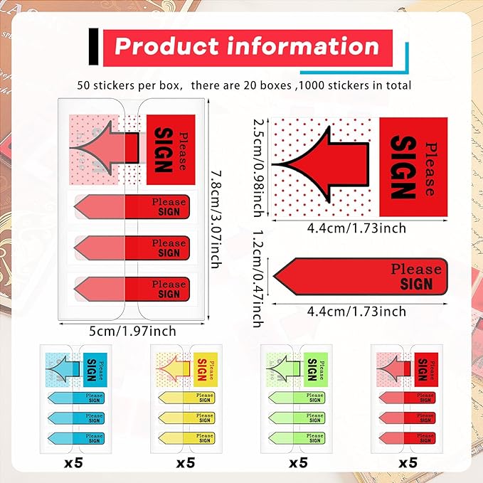 Teling 2000 Pcs/ 20 Packs Sign Here Sign Date Tabs Stickers Colored with Dispenser Arrow Flag Tabs with Dispenser Easy to Post for Notary Books Paper(Stylish Style)