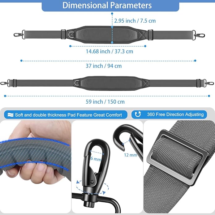 ZINZ 3D Air Cushion Bag Strap 59 inch Adjustable Belt with Padded & Dual Clasps & Swivel Hooks, Comfort Strap for Bags
