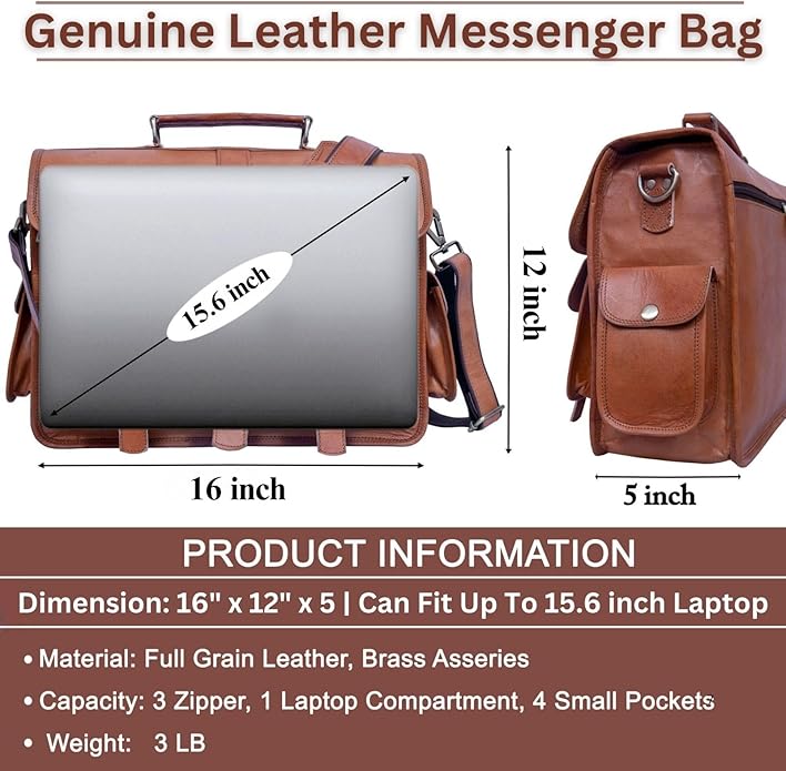 Genuine Leather Messenger Bag for Men & Women Leather Satchel Laptop Briefcase Vintage Crossbody Work Bag for Office & Travel