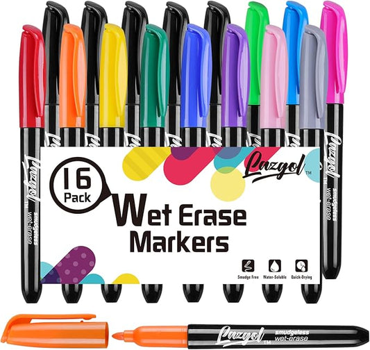 Wet Erase Markers, Bulk Pack of 16 (12 Colors) Fine Tip Overhead Transparency Smudge Free Markers for Dry Erase Whiteboard, Refrigerator Calendars, Glass and Films, Erase with Water