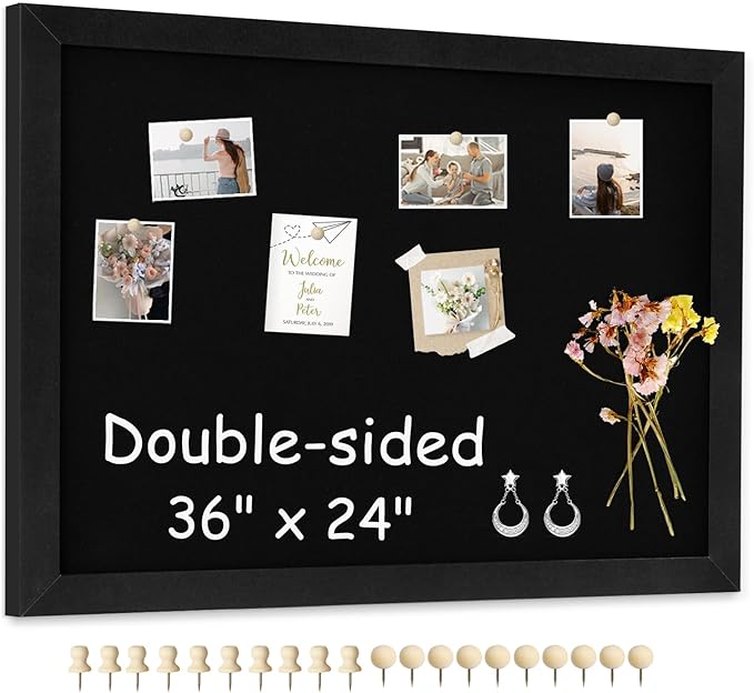 Double-Sided Black Cork Board with Linen, 36" x 24" Hanging Wood Framed Large Bulletin Board, Picture Display Vision Board Kit Corkboards for Wall Room School Office Decor, 20 Pushpins