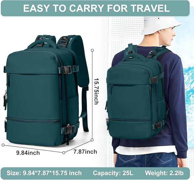 Travel Backpack Simple Durable Carry On Backpack with Shoe Compartment, Personal Item Travel Bag Flight Approved, Water Resistant Laptop Backpack for Women Men Weekender Business, Peacock Blue