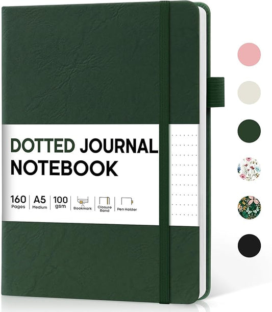 Bullet Dotted Journal Notebook for Women & Men, Hardcover Leather Journal for Writing, A5 Bullet Journaling Notebook for Work & Sketching, Perfect for Office School Home Supplies, 160 Pages, Dark Green
