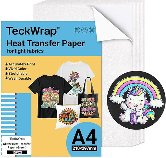TECKWRAP Printable Heat Transfer Paper for T-Shirts 15 Sheets, 8.3" X 11.7" Printable Heat Transfer Vinyl for Inkjet Printer, Iron on Transfer Paper for Light Fabric (Glitter Green)
