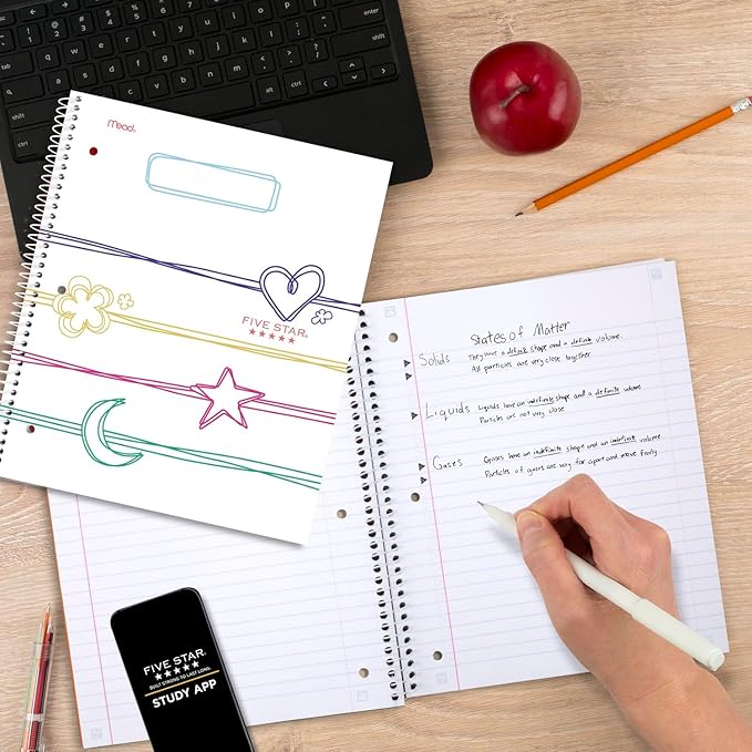 Five Star Spiral Notebook + Study App, 1 Subject, Wide Ruled, 8" x 10-1/2", 80 Sheets, Pastel Doodles (930212F-ECM)