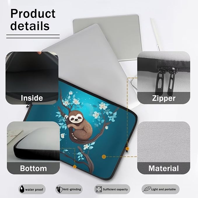 Cute Sloth Laptop Protective Sleeve for Women Men 10 inch Computer Sleeve Neoprene Lap Top Case Portable Computer Carrying Case Flower Briefcase Suitable for Travel School Office Pouch