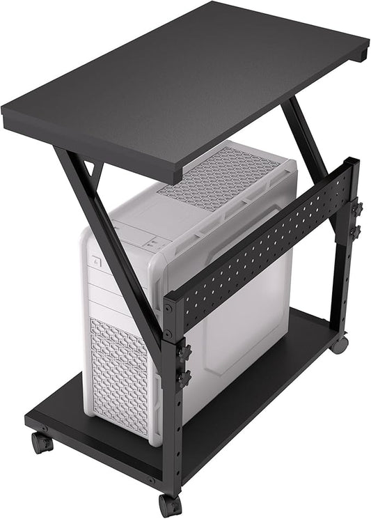 Computer Tower Cart - Height Adjustable PC Stand, 2-Tier ATX-Case CPU Holder Home Office Gaming Desk Accessories with Rolling Lockable Wheels, Laptop Table Standing Computer Desk, Rustic Black