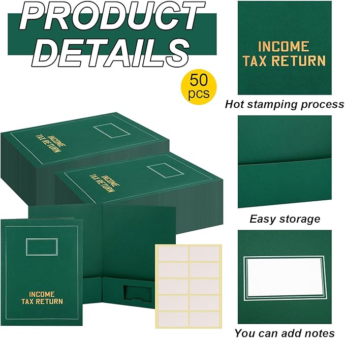 Kisston 50 Pcs Tax Return Folders Bulk 2 Pocket Gold Foil Stamped Income Tax Folders with Blank Labels Business File Office Organizer (Green)