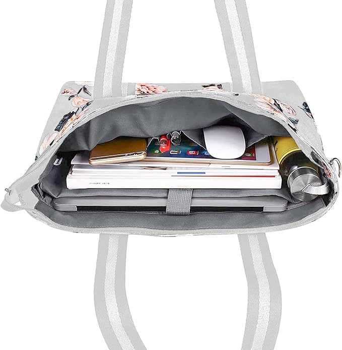 MOSISO Laptop Tote Bag for Women (17-17.3 inch), Canvas Camellia Multifunctional Work Travel Shopping Duffel Carrying Shoulder Handbag, Grey