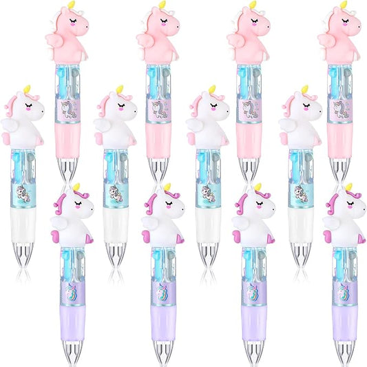 Chinco 12 Pieces Retractable Unicorn Pens 4-in-1 Multicolor Ballpoint Pen Unicorn Candy Party Favor Colored Ink Mini Party Favors for Girls Kids Classroom Prizes Birthday Gifts(Fat Unicorn)