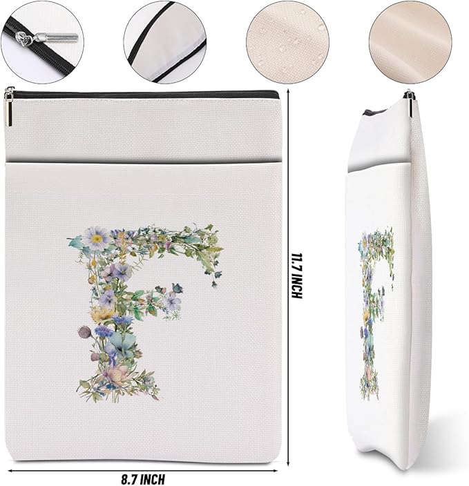 Monogrammed Book Sleeve Floral F Initial Book Pouch Book Accessories Book Lovers Gifts Waterproof Book Cover Book Protector Bookish Gifts Personalized Gifts for Women Girls Readers Bride Boss Lady