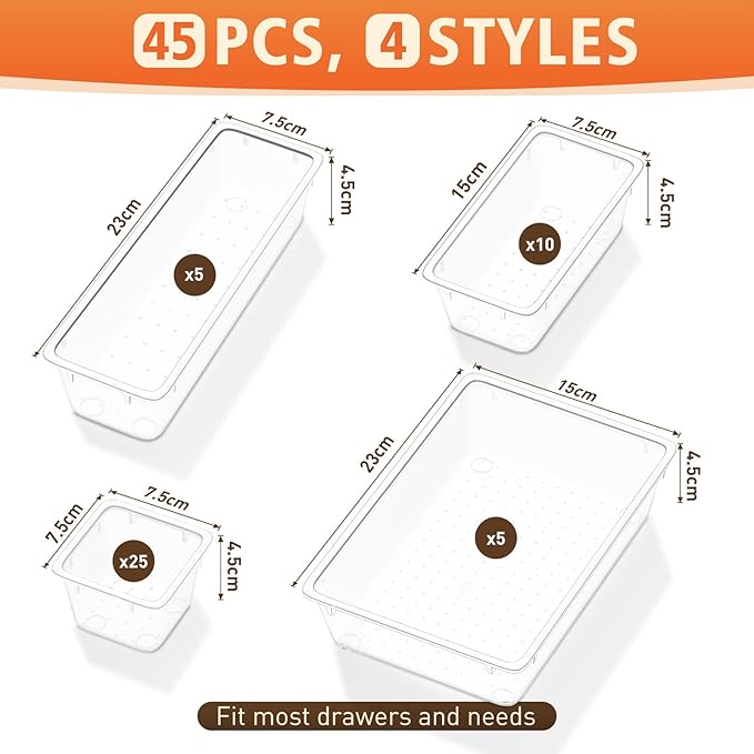 Drawer Organizers of 45 PCS Plastic Drawer Organizer Bins, 4 Sizes Versatile Bathroom Kitchen Office Organizers and Storage Containers for Makeup, Utensils, Stationery