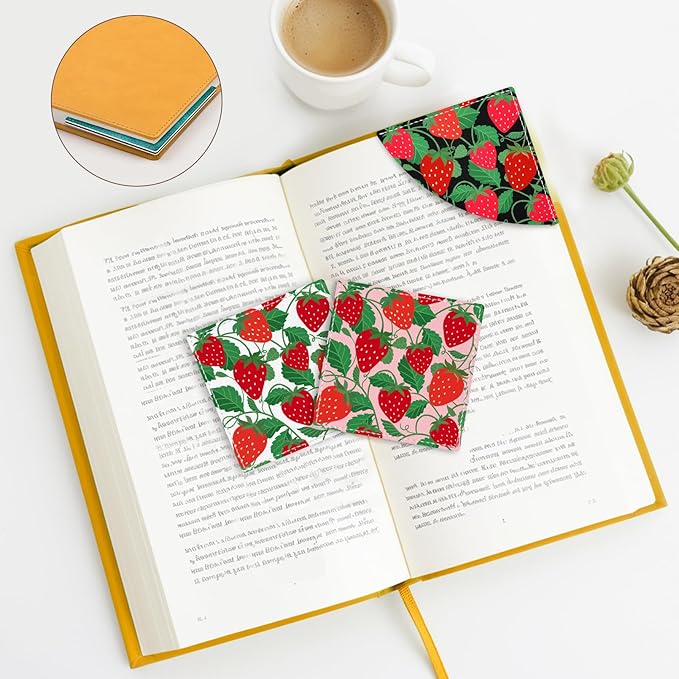 Strawberry Corner Bookmarks, Cute Leather Book Accessories for Book Lovers, 3 Pcs Reading Book Page Markers for Women Men Student Teacher Girls Boys Kids Retirement Birthday Gifts