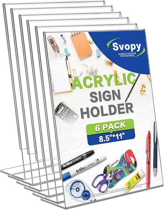 6 Pack 8.5 x 11 Acrylic Sign Stand Holders - 8.5 x 11 Inches Clear Plastic Table Paper Display Stand, Suit for Displaying Posters, Picture, Flyers, Menu