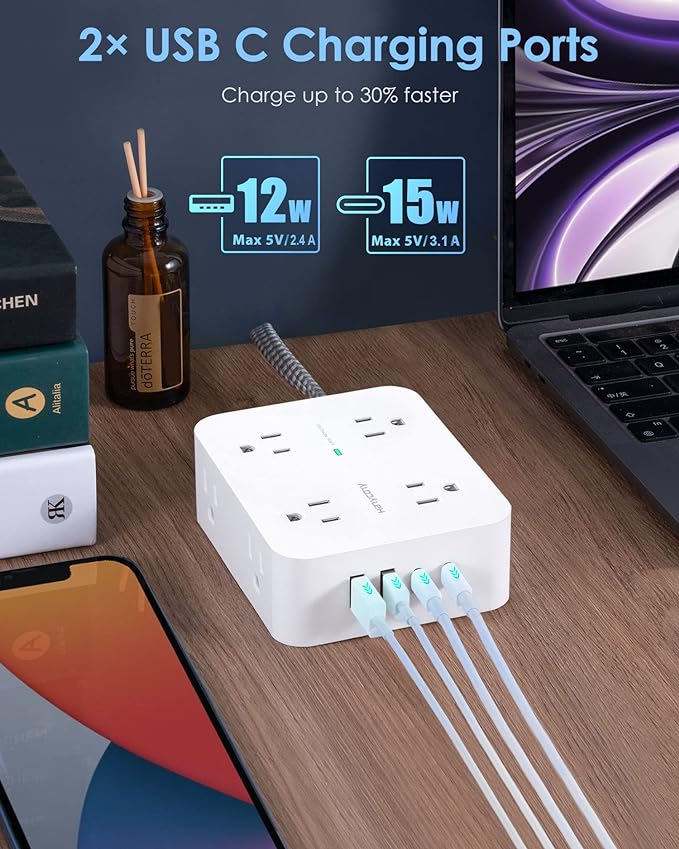 6Ft Surge Protector Power Strip with USB C, Extension Cord with 8 Wide Outlets(2.2 IN) and 4 USB Ports(2 USB C), Flat Plug, Wall Mount, 3 Side Outlet Extender for Home Dorm Room Essentials, ETL Listed