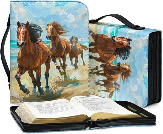 Lotusorchid Watercolor Horse Printed Bible Covers for Women Men PU Leather Bible Case Bible Bag Tote Book Carrying Case Christian Bible Accessories