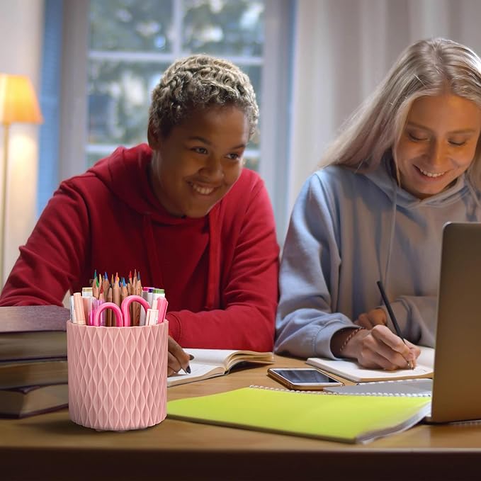 Pencil Holder For Desk - 360° Rotation, 5 Slot Desk Supplies For Women Office Aesthetic. Pencil Holder For Office&School, Desk Accessories(Pink)