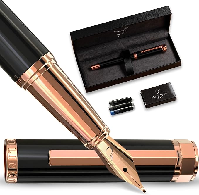 Luxury Fountain Pen Set- Fountain Pens for Writing - Smooth Fine Nib - Includes Refillable Ink Converter, 3 Ink Cartridges [Black & Blue], Gift Box - Elegant Calligraphy