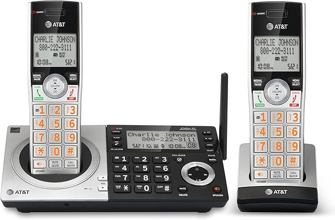 AT&T CL83207 DECT 6.0 Expandable Cordless Phone with Smart Call Blocker, Silver/Black with 2 Handsets