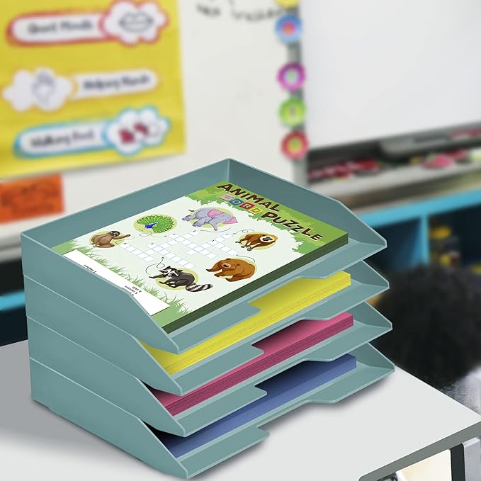 Acrimet Stackable Letter Tray 4 Tier Side Load, Plastic, Desktop File Organizer (Solid Green Color)