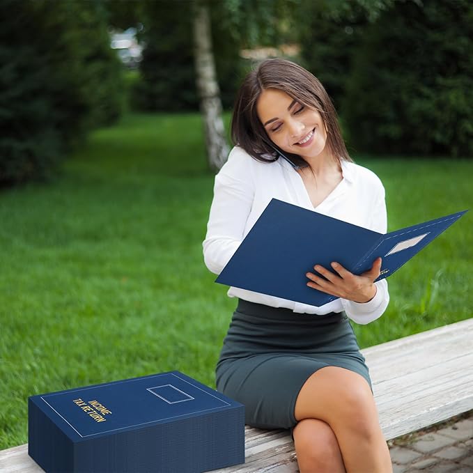 Kisston 100 Pcs Tax Return Folders Bulk 2 Pocket Gold Foil Stamped Income Tax Folders with Blank Labels Business File Office Organizer (Blue)