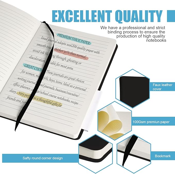 Lined Journal Notebook, 10Pack(Black), 160 Pages, Medium 5.7 inches x 8 inches - 100 gsm Thick Paper, Hardcover