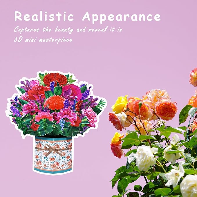 Carnation Bouquet Pop Up Card, Flower 3D Greeting Card with Envelope for Any Occasion, Birthday, Mother's Day, Anniversary, Valentines Day, Foldable Flower Cards for Mother or Loved Ones