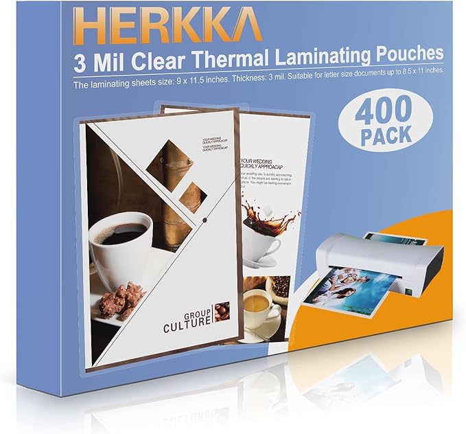 HERKKA 400 Pack Laminating Sheets, Holds 8.5 x 11 Inch Sheets, 3 Mil Clear Thermal Laminating Pouches 9 x 11.5 Inch Lamination Sheet Paper for Laminator, Round Corner Letter Size