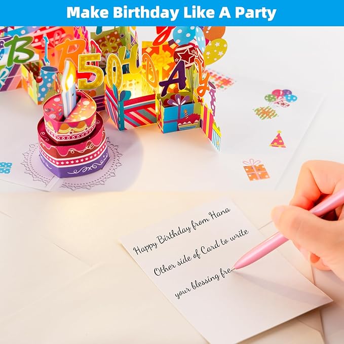 Gumry 50TH Musical Birthday PopUp Card, Blowable Colorful Light Candle 3D Cards with Song, Applause Cheers Sound, Greeting Cards Birthday Gifts Decorations for Women Men Turning 50 Years Old