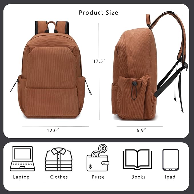 YGR Laptop Backpack for Women and Men, Waterproof Lightweight Travel Daily Rucksack Casual 15.6 inches Computer Bags for College, Brown Corduroy